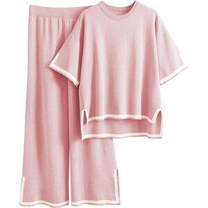 Sweater Sets Women 2 Piece Lounge Sets Short Sleeve Knit Pullover Pink